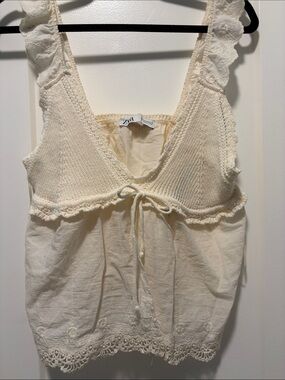 Zara Cream Crochet Knit & Gauze Tank Top